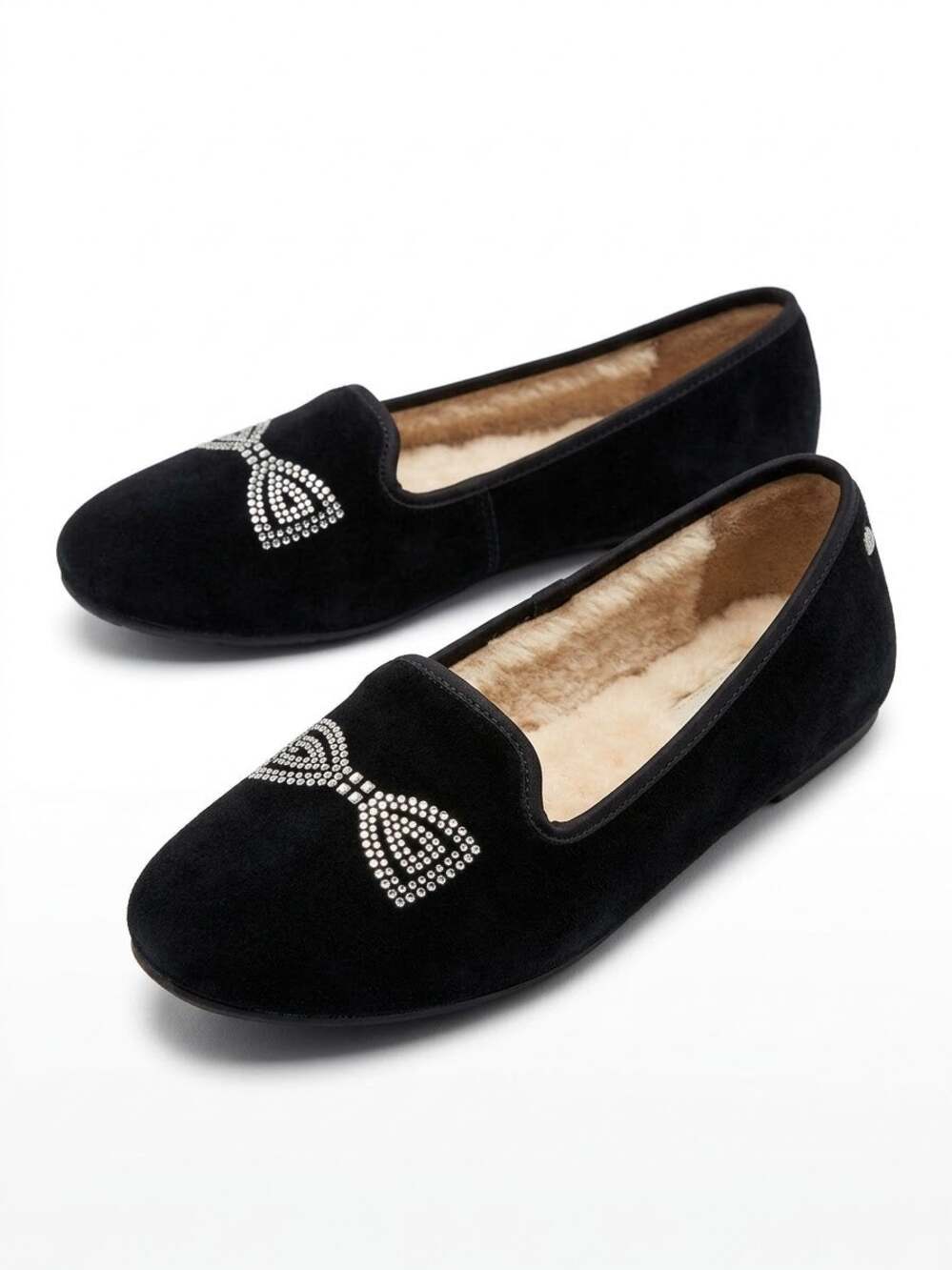 UGG Australia Slippers Women 9 Black Suede Rhinestone Crystal Bow Shearling Flat